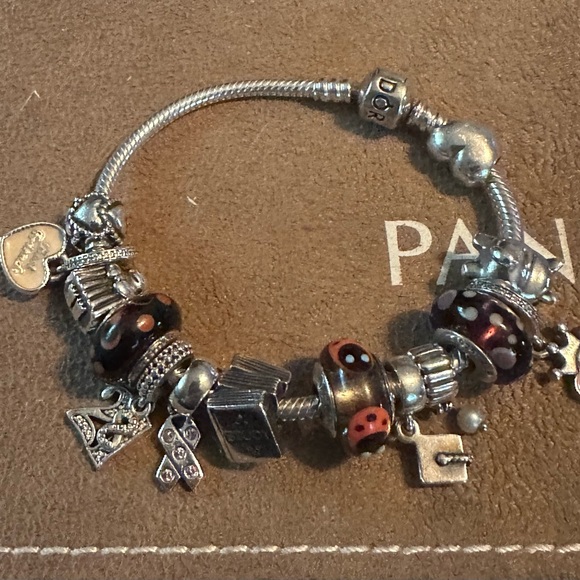 Authentic Pandora Silver and Black Charm Bracelet with 14 charms - Picture 2 of 10